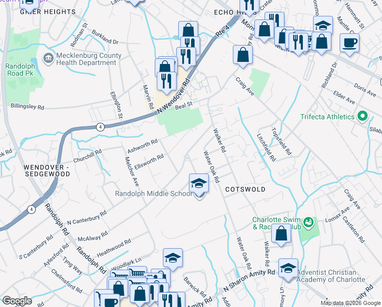 map of restaurants, bars, coffee shops, grocery stores, and more near 4200 Water Oak Road in Charlotte