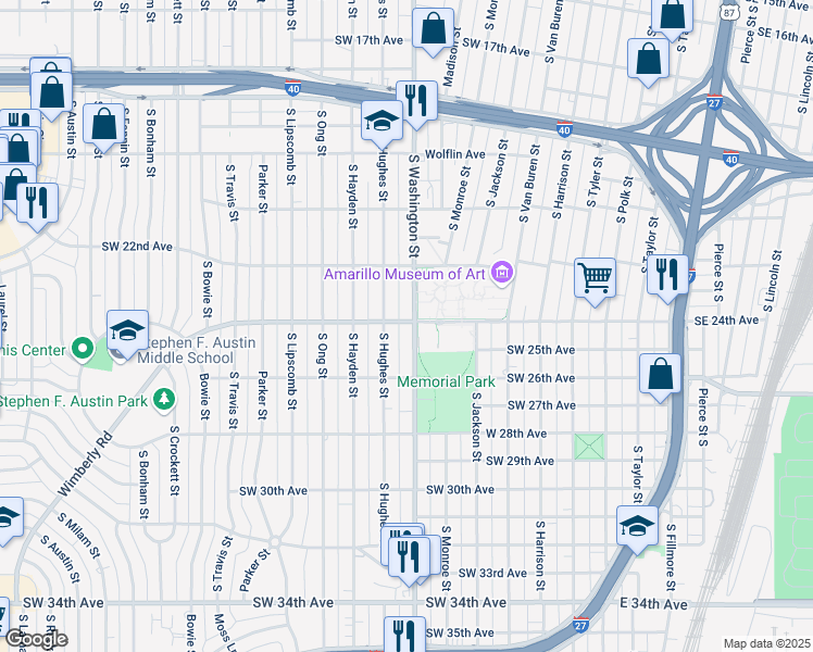 map of restaurants, bars, coffee shops, grocery stores, and more near 2401-2497 South Washington Street in Amarillo