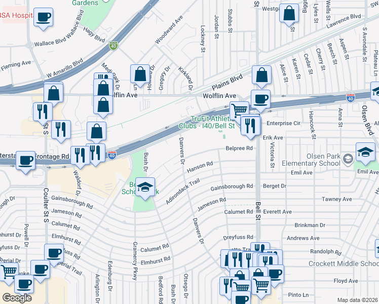 map of restaurants, bars, coffee shops, grocery stores, and more near 6136 Belpree Road in Amarillo