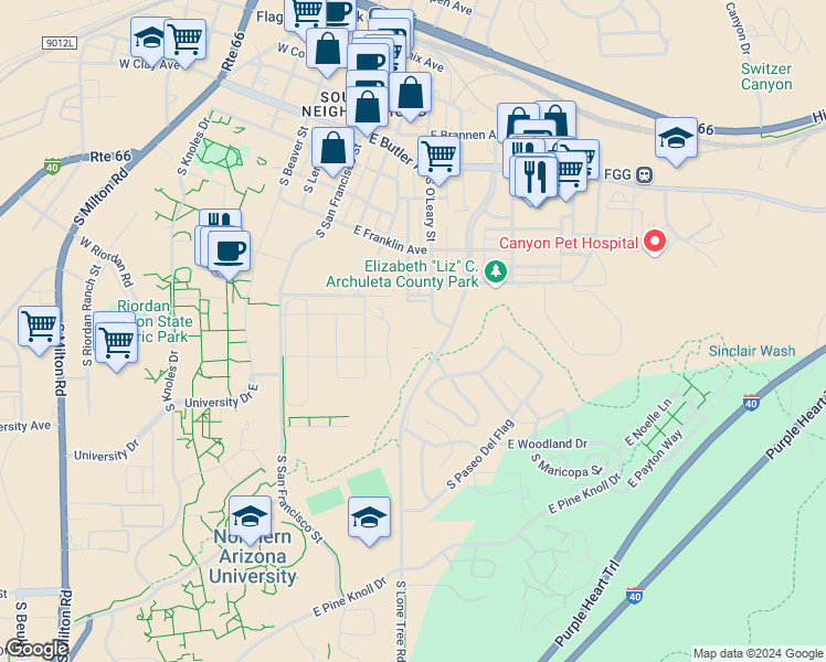 map of restaurants, bars, coffee shops, grocery stores, and more near 901 South O'Leary Street in Flagstaff