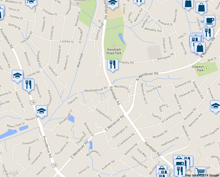 map of restaurants, bars, coffee shops, grocery stores, and more near 3715 Randolph Road in Charlotte