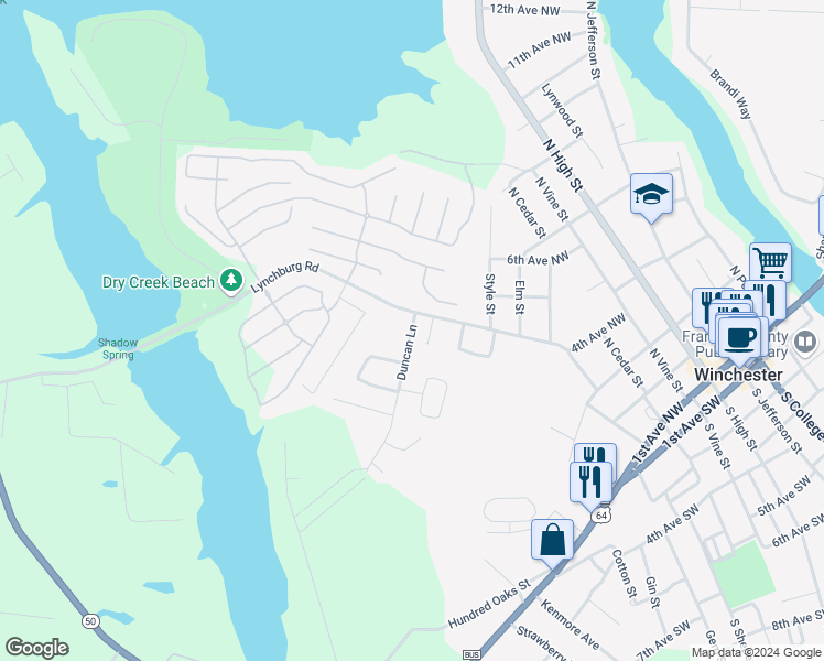 map of restaurants, bars, coffee shops, grocery stores, and more near 72 Duncan Lane in Winchester