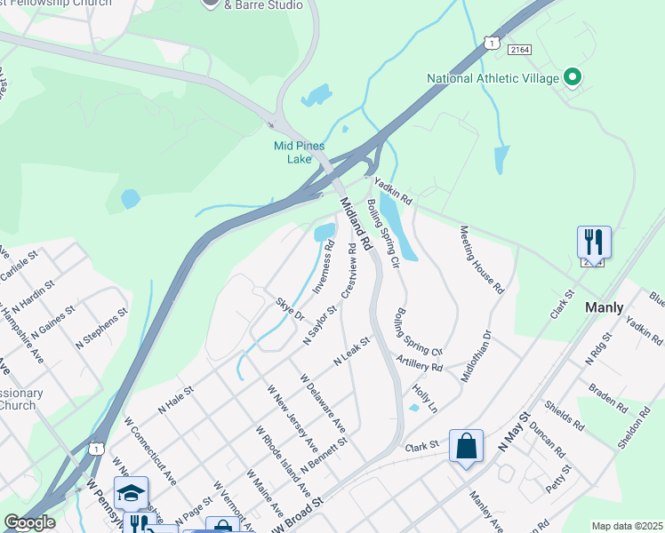 map of restaurants, bars, coffee shops, grocery stores, and more near 1045 Inverness Road in Southern Pines