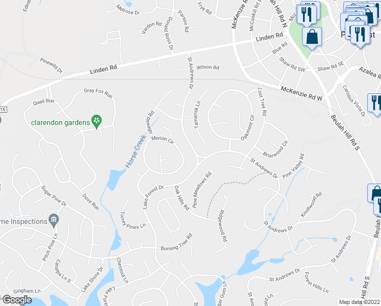 map of restaurants, bars, coffee shops, grocery stores, and more near 225 Saint Andrews Drive in Pinehurst