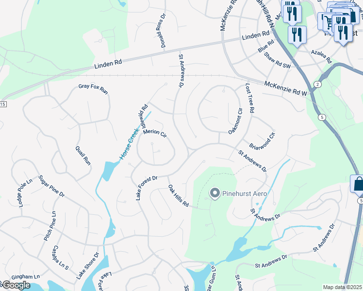 map of restaurants, bars, coffee shops, grocery stores, and more near 225 Saint Andrews Drive in Pinehurst