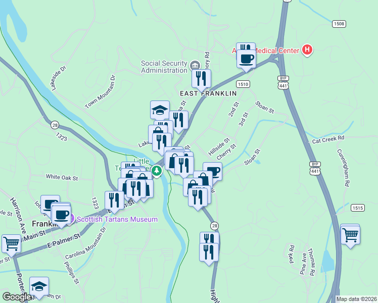 map of restaurants, bars, coffee shops, grocery stores, and more near 83 1st Street in Franklin