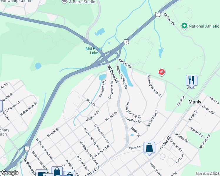 map of restaurants, bars, coffee shops, grocery stores, and more near 440 Crestview Road in Southern Pines