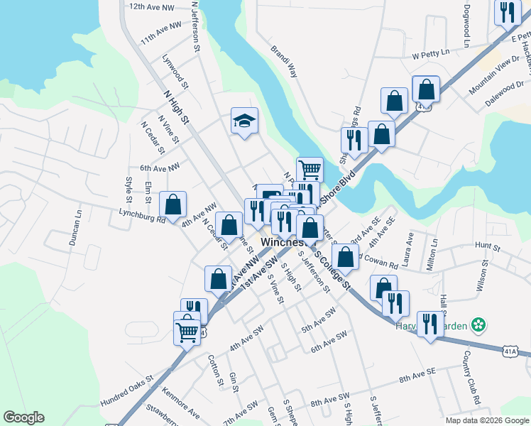 map of restaurants, bars, coffee shops, grocery stores, and more near 103 2nd Avenue Northwest in Winchester