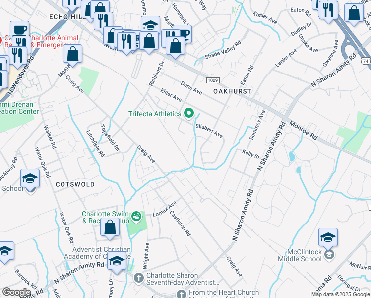 map of restaurants, bars, coffee shops, grocery stores, and more near 1311 Anthem Court in Charlotte