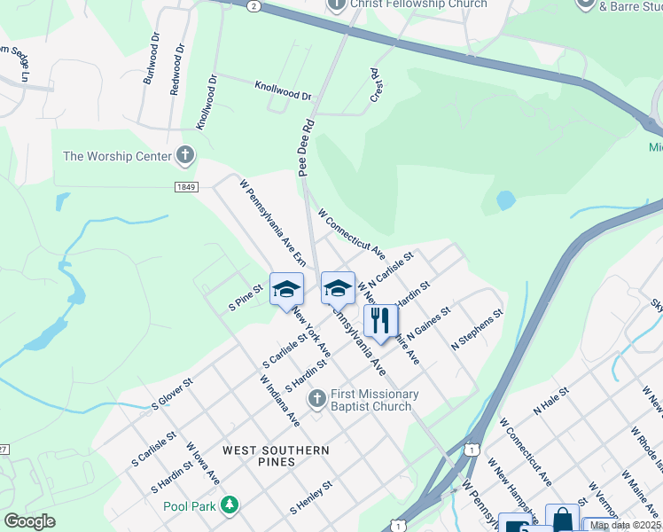 map of restaurants, bars, coffee shops, grocery stores, and more near 140 North Glover Street in Southern Pines