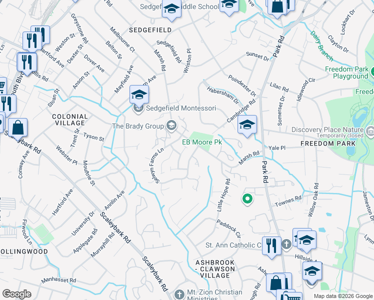 map of restaurants, bars, coffee shops, grocery stores, and more near 3800 Selwyn Farms Lane in Charlotte