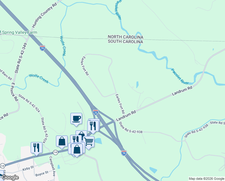 map of restaurants, bars, coffee shops, grocery stores, and more near 155 Earles Fort Road in Landrum