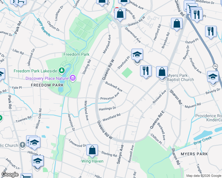 map of restaurants, bars, coffee shops, grocery stores, and more near 2119 Princeton Avenue in Charlotte