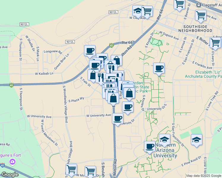 map of restaurants, bars, coffee shops, grocery stores, and more near 1307 South Milton Road in Flagstaff