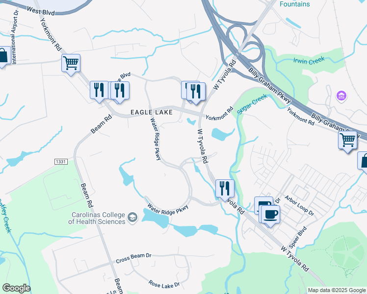 map of restaurants, bars, coffee shops, grocery stores, and more near 2801 West Tyvola Road in Charlotte