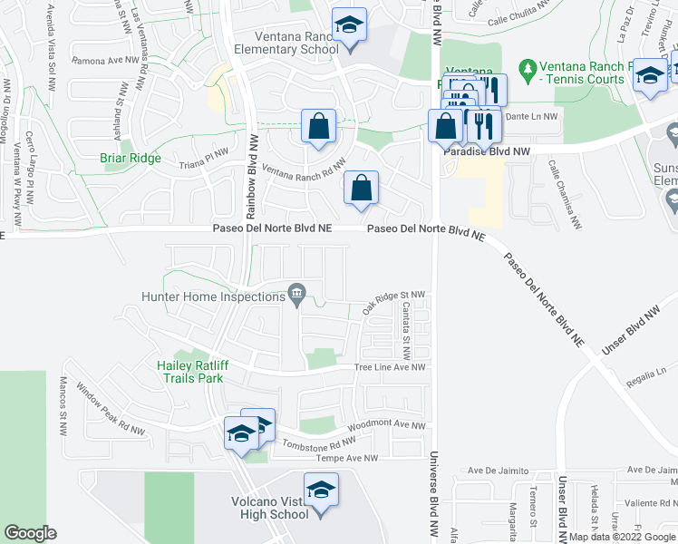 map of restaurants, bars, coffee shops, grocery stores, and more near 9311 Silver Mesa Street in Albuquerque