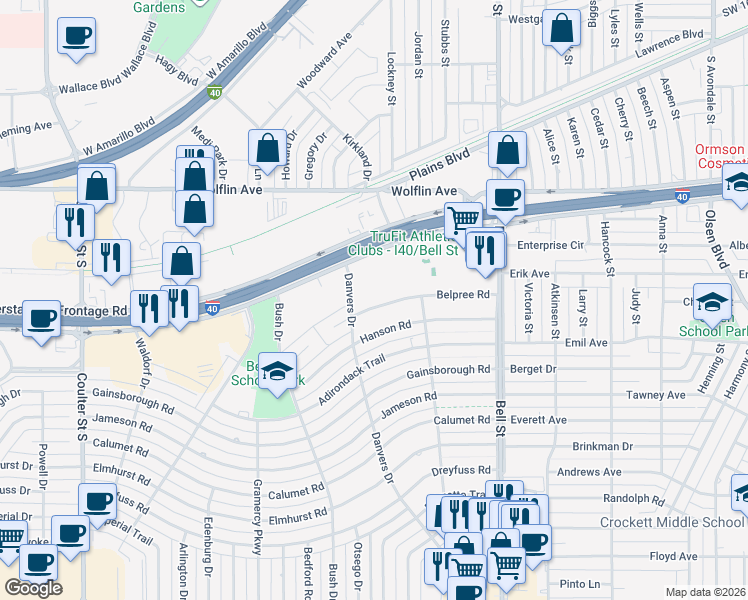 map of restaurants, bars, coffee shops, grocery stores, and more near 6136 Belpree Road in Amarillo
