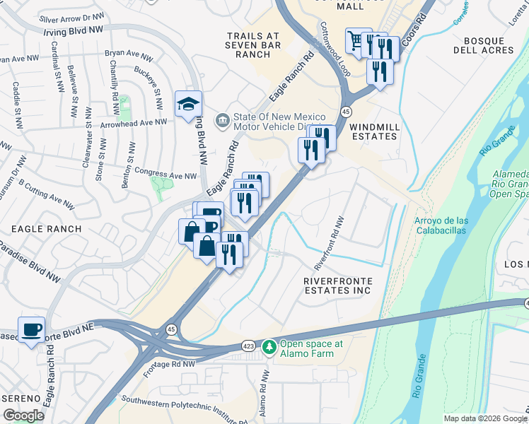 map of restaurants, bars, coffee shops, grocery stores, and more near 4349 Irving Boulevard Northwest in Albuquerque