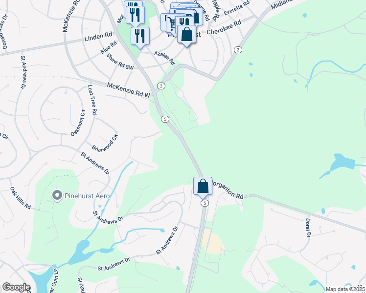 map of restaurants, bars, coffee shops, grocery stores, and more near 297-317 Beulah Hill Road South in Pinehurst