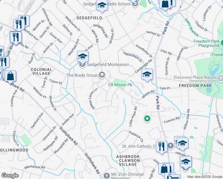 map of restaurants, bars, coffee shops, grocery stores, and more near 3800 Selwyn Farms Lane in Charlotte
