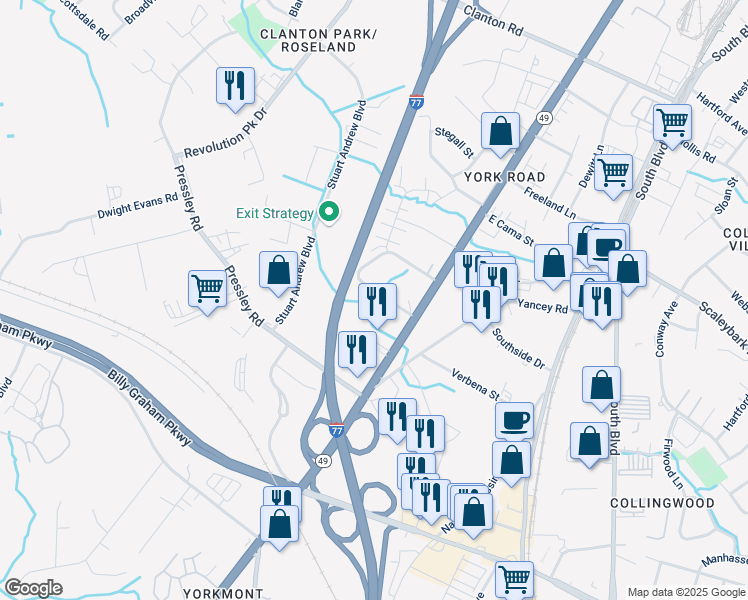 map of restaurants, bars, coffee shops, grocery stores, and more near 340 Orchard Circle in Charlotte