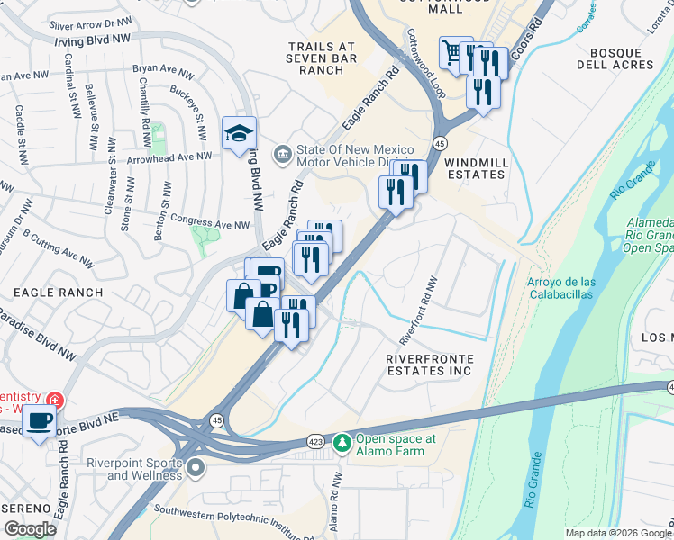 map of restaurants, bars, coffee shops, grocery stores, and more near 10000 Coors Bypass Northwest in Albuquerque