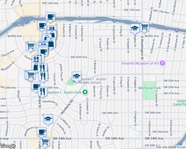 map of restaurants, bars, coffee shops, grocery stores, and more near 1704 Southwest 24th Avenue in Amarillo