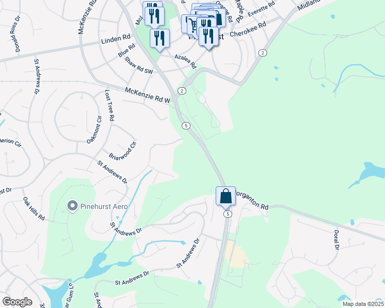 map of restaurants, bars, coffee shops, grocery stores, and more near 297 Beulah Hill Road South in Pinehurst