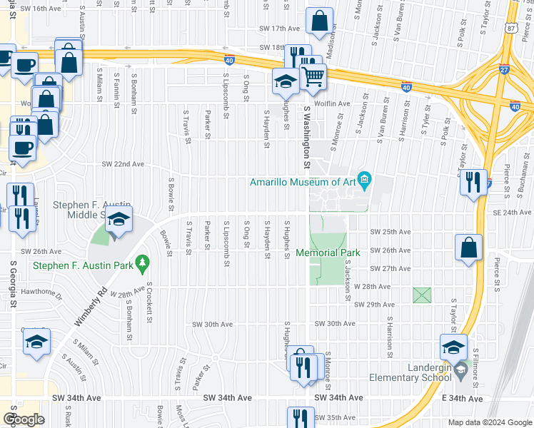 map of restaurants, bars, coffee shops, grocery stores, and more near 1201 West 24th Avenue in Amarillo