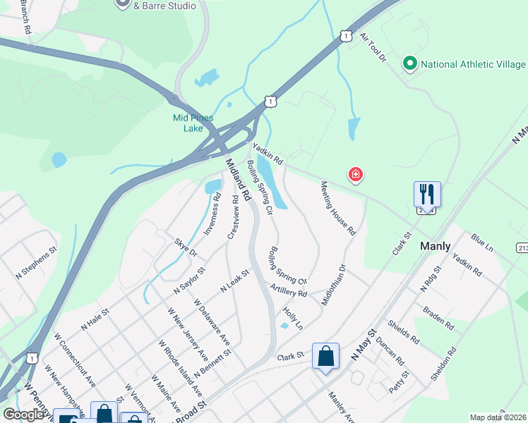 map of restaurants, bars, coffee shops, grocery stores, and more near 196 Boiling Spring Circle in Southern Pines