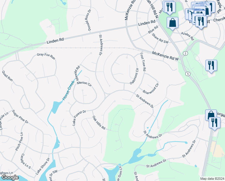 map of restaurants, bars, coffee shops, grocery stores, and more near 260 Saint Andrews Drive in Pinehurst