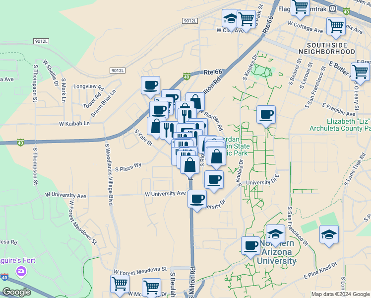 map of restaurants, bars, coffee shops, grocery stores, and more near 1307 South Milton Road in Flagstaff
