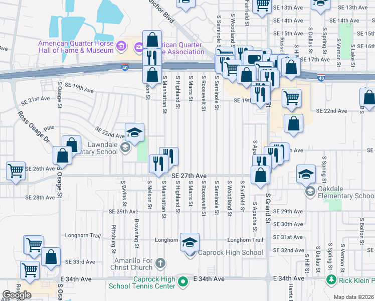 map of restaurants, bars, coffee shops, grocery stores, and more near 1948 South Marrs Street in Amarillo
