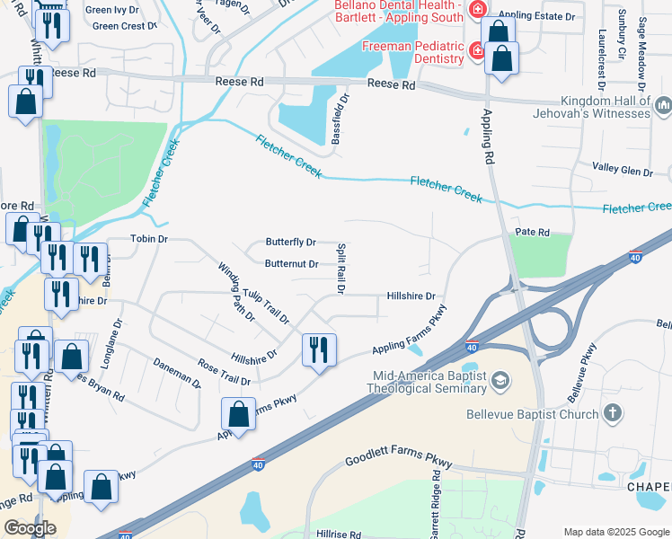 map of restaurants, bars, coffee shops, grocery stores, and more near 7227 Butternut Drive in Memphis