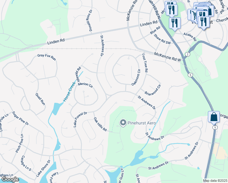 map of restaurants, bars, coffee shops, grocery stores, and more near 260 Saint Andrews Drive in Pinehurst