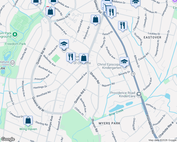 map of restaurants, bars, coffee shops, grocery stores, and more near Queens Rd E & Roswell Ave in Charlotte
