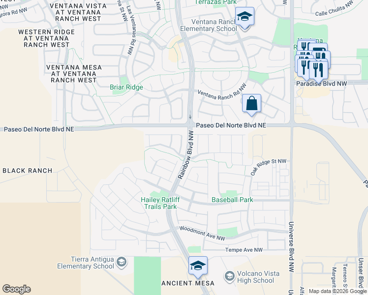 map of restaurants, bars, coffee shops, grocery stores, and more near 9300 Nationwide Street Northwest in Albuquerque