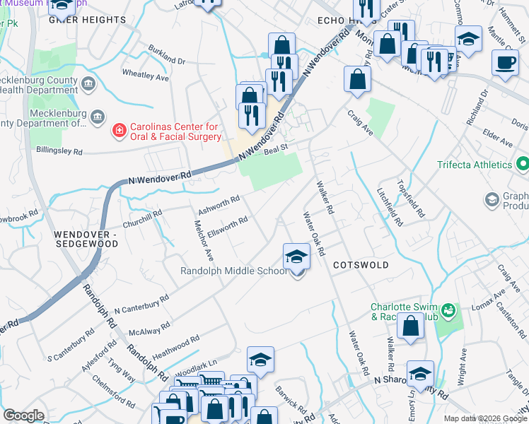 map of restaurants, bars, coffee shops, grocery stores, and more near in Charlotte