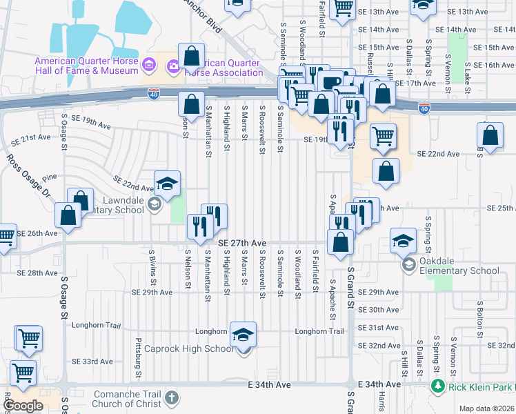 map of restaurants, bars, coffee shops, grocery stores, and more near 1955 South Roosevelt Street in Amarillo