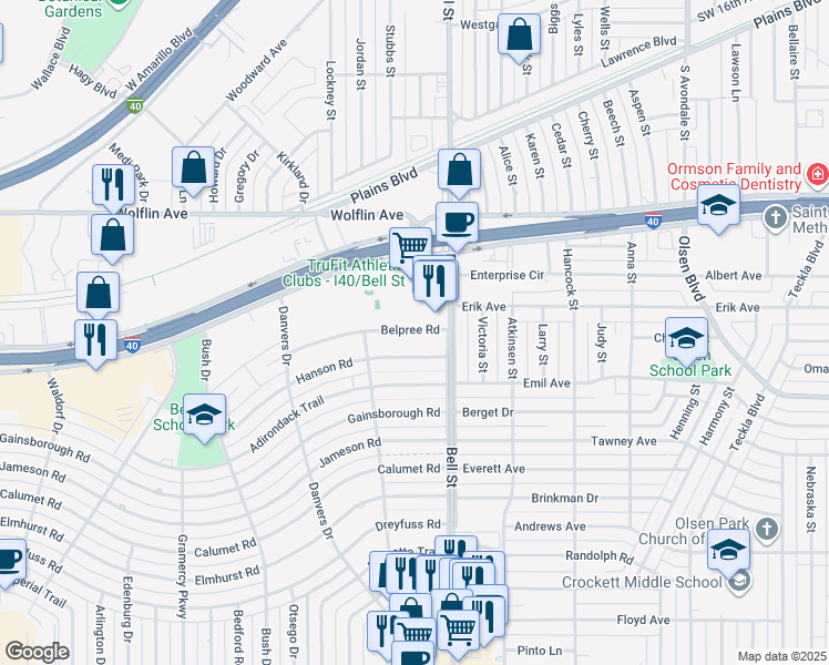 map of restaurants, bars, coffee shops, grocery stores, and more near 6010 Hanson Road in Amarillo