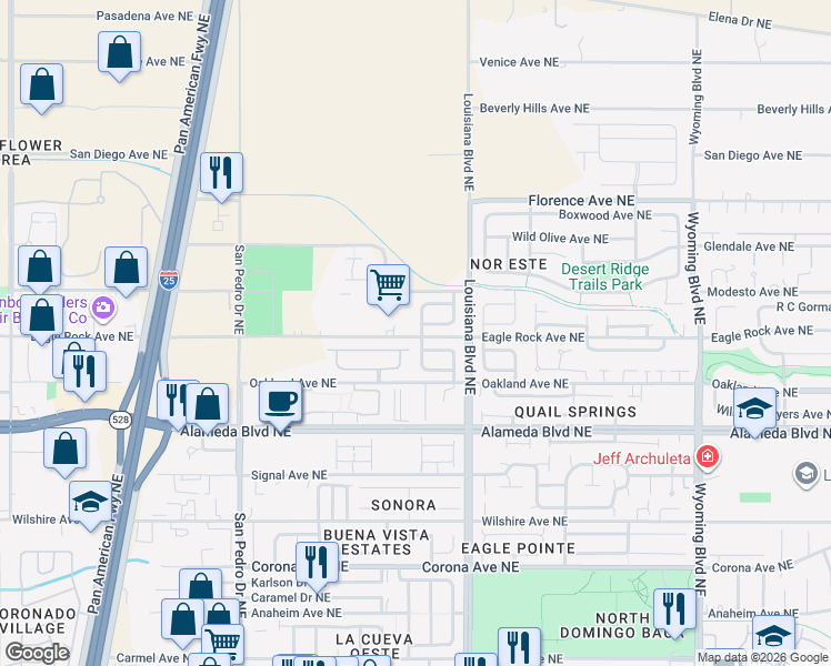 map of restaurants, bars, coffee shops, grocery stores, and more near 6901 Shale Avenue Northeast in Albuquerque