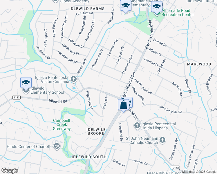 map of restaurants, bars, coffee shops, grocery stores, and more near 7839 Idlewild Road in Charlotte