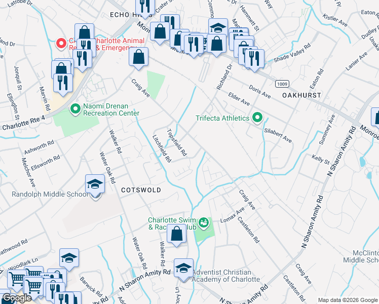map of restaurants, bars, coffee shops, grocery stores, and more near 3854 Litchfield Road in Charlotte