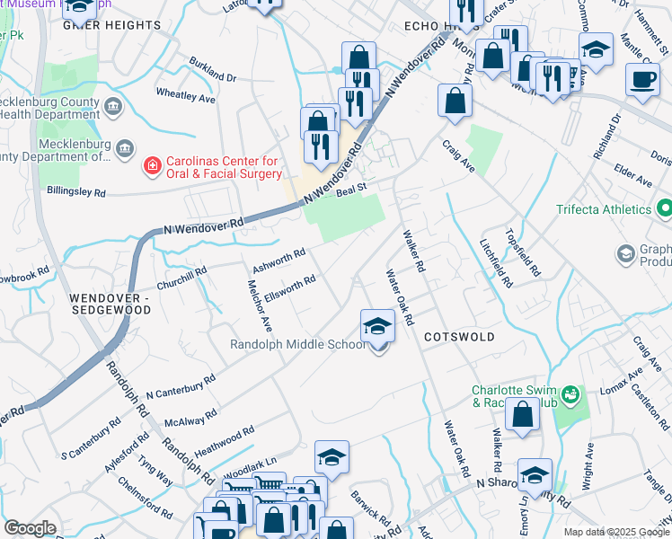 map of restaurants, bars, coffee shops, grocery stores, and more near in Charlotte