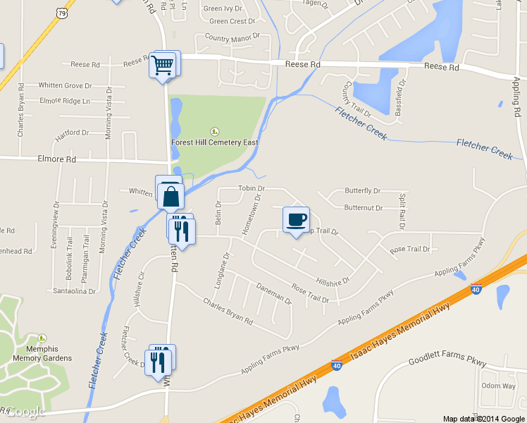 map of restaurants, bars, coffee shops, grocery stores, and more near 6980 Tulip Trail Drive in Memphis