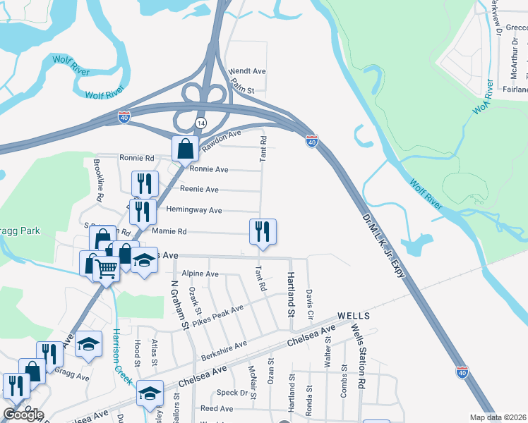 map of restaurants, bars, coffee shops, grocery stores, and more near 2030 Tant Road in Memphis