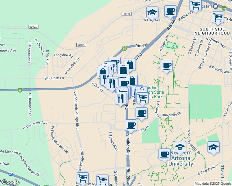 map of restaurants, bars, coffee shops, grocery stores, and more near 1308 South Plaza Way in Flagstaff