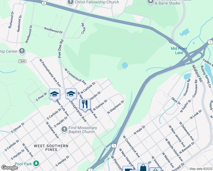 map of restaurants, bars, coffee shops, grocery stores, and more near 430 North Hardin Street in Southern Pines