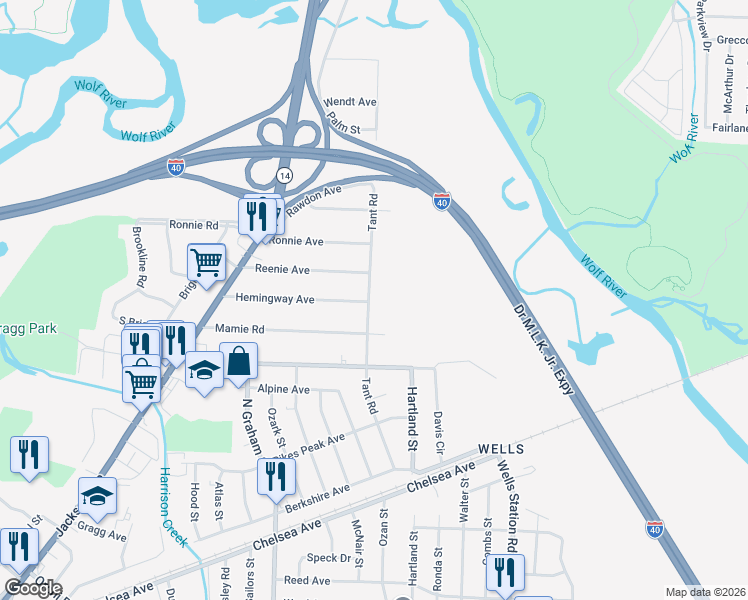 map of restaurants, bars, coffee shops, grocery stores, and more near 2030 Tant Road in Memphis