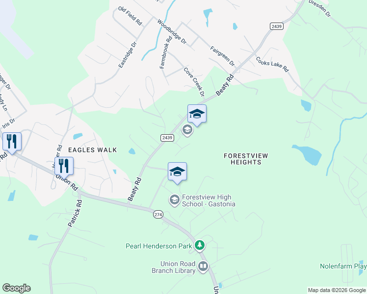 map of restaurants, bars, coffee shops, grocery stores, and more near 4340 Beaty Road in Gastonia